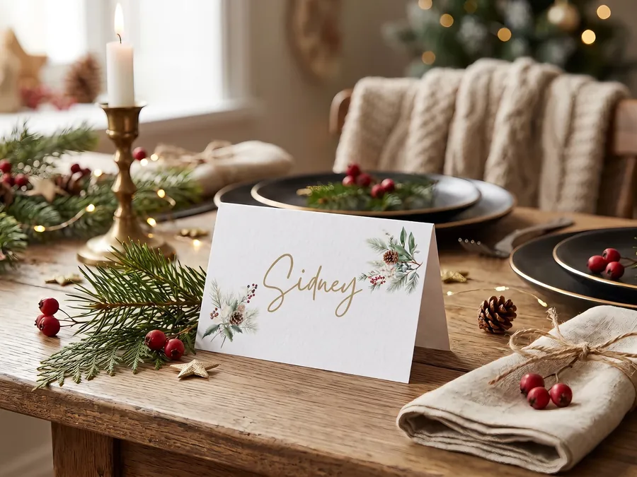 A folded place card with watercolor greenery and berries and the name Sidney, on a rustic wooden table