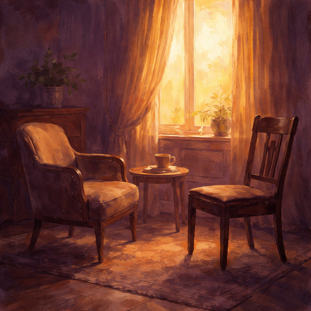 Two chairs facing each other in warm golden light - an invitation to honest conversation