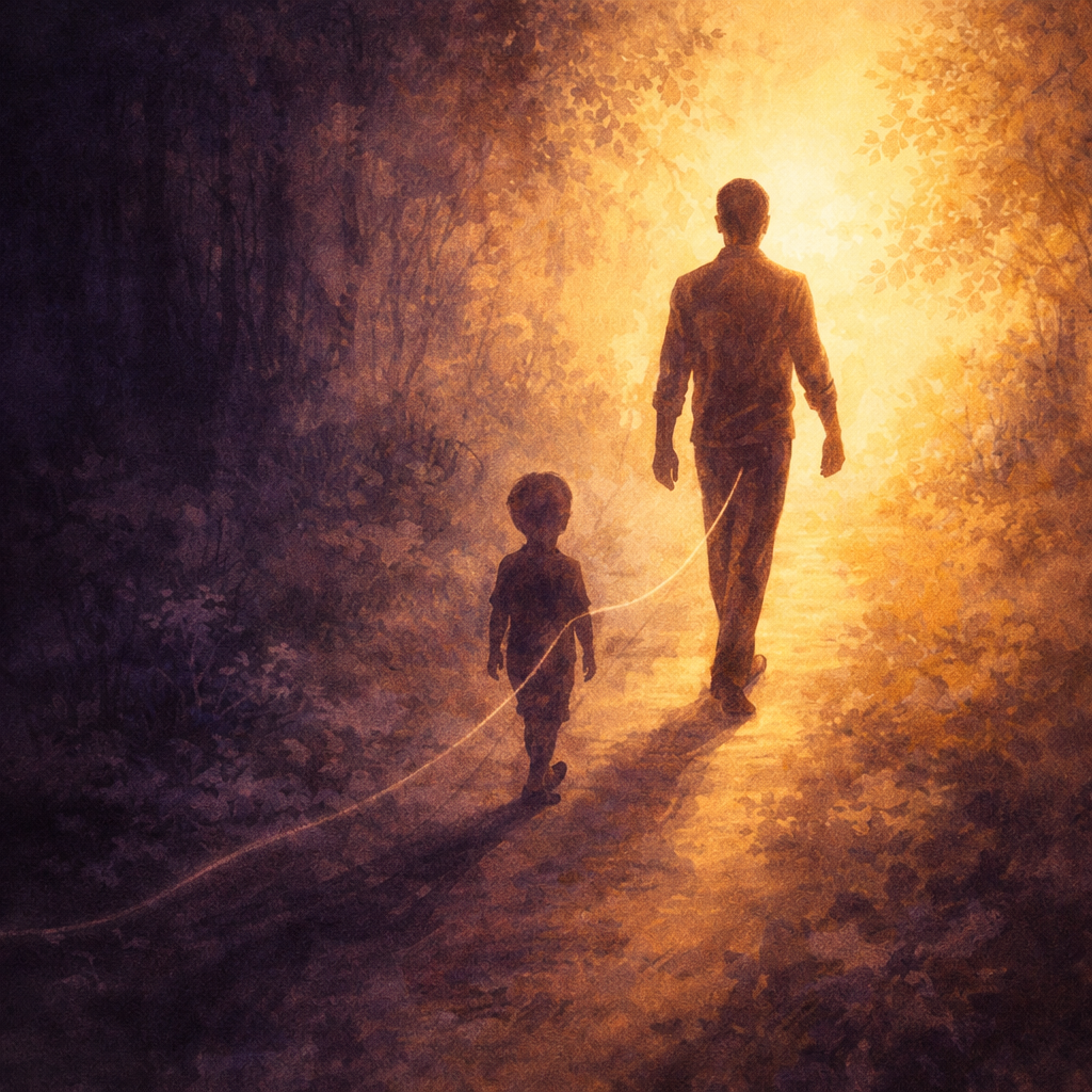 A figure walking from shadow into golden light, with a smaller child figure connected by a thread of light