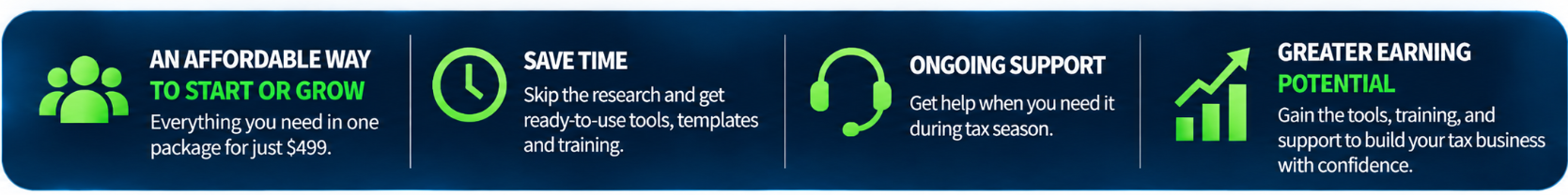 Affordable way to start or grow, save time, ongoing support, and greater earning potential
