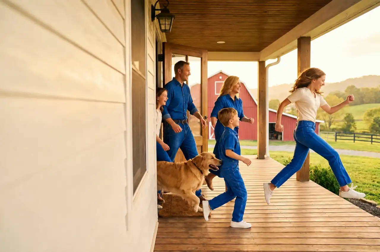 A homeschool family bursting out of a farmhouse door and running off the porch toward a red barn at golden hour