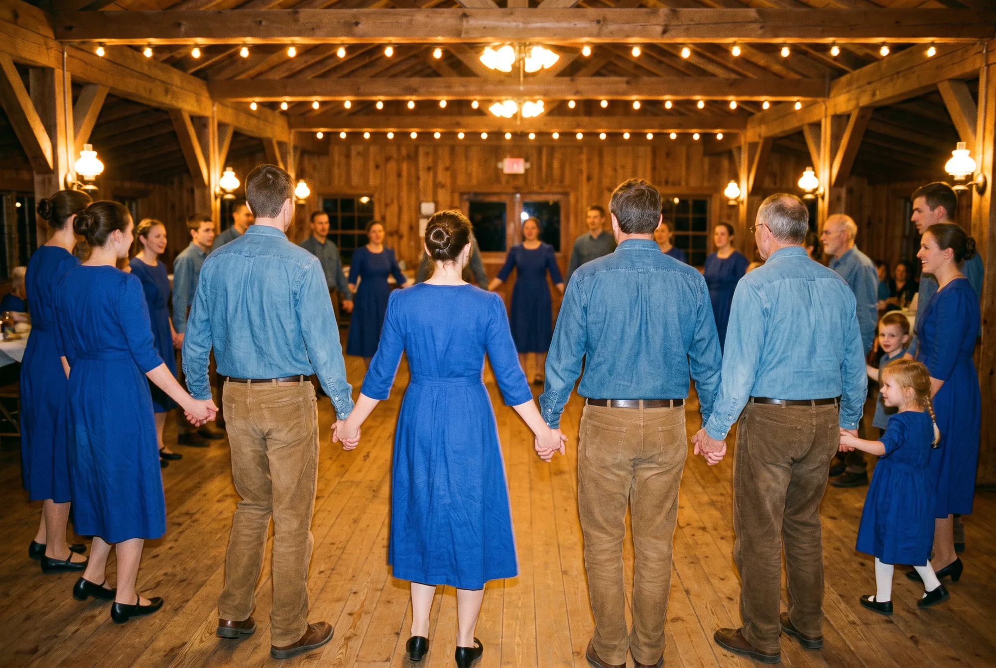 Families of all ages English country dancing in a wooden lodge hall under string lights