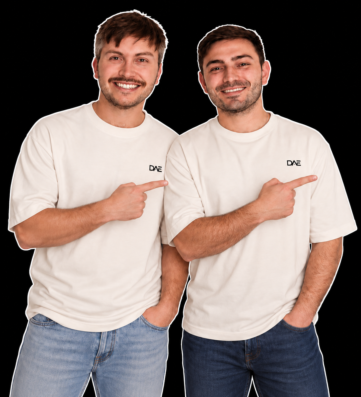 Mathew and Lachie in DAE shirts, gesturing towards the free dental ads audit