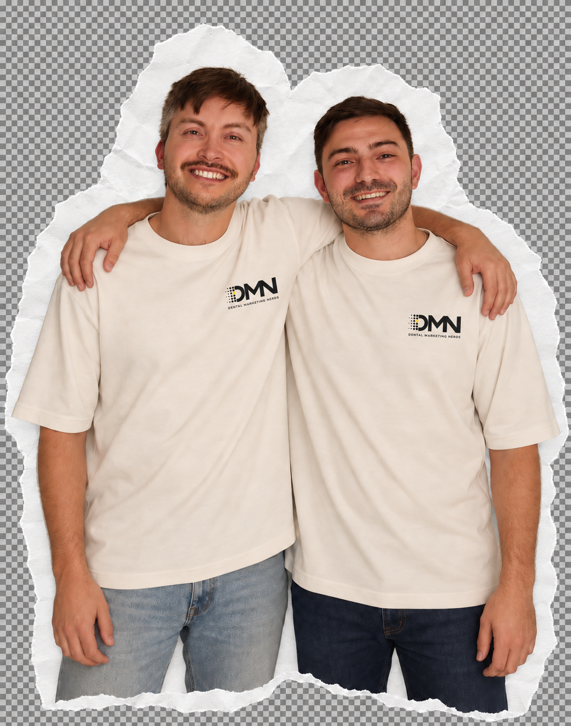 Dental Marketing Nerds co-founders Mathew McDougall and Lachlan Robertson with their arms around each other’s shoulders