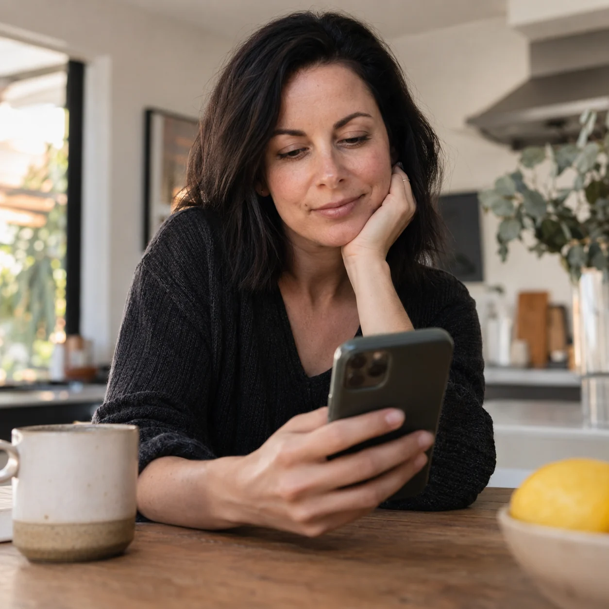 Illustrative scene of a potential patient making an enquiry on her phone.