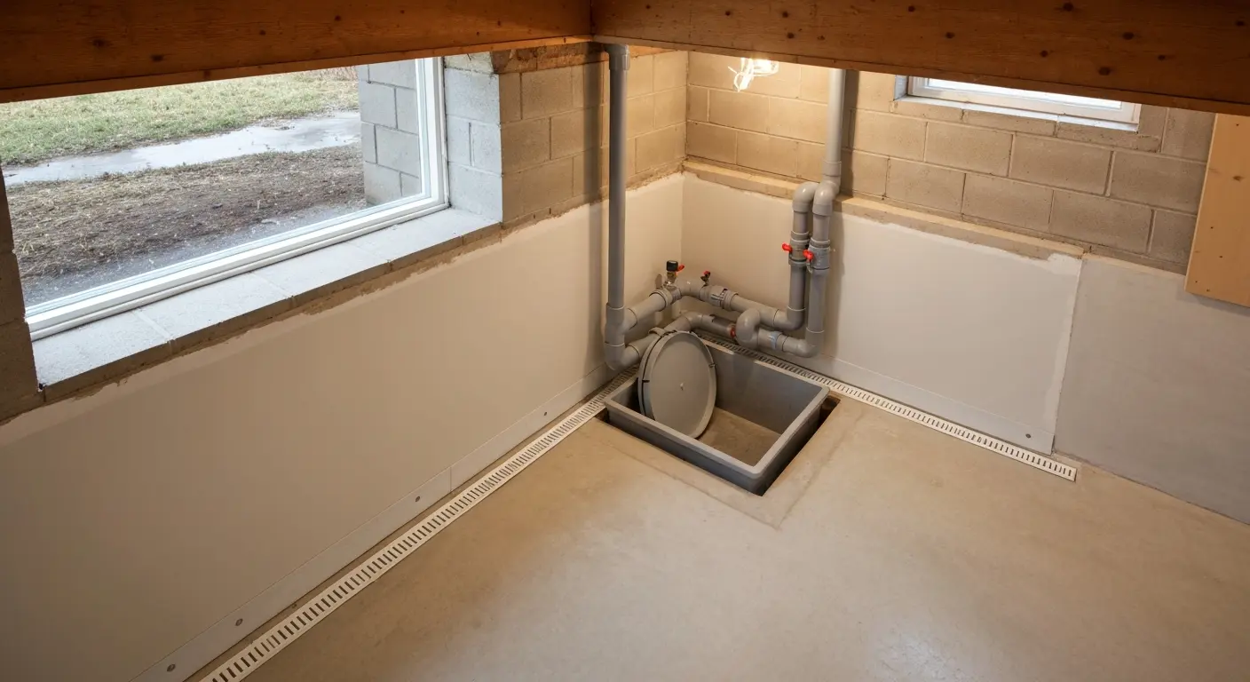Basement waterproofing installation with sump pump