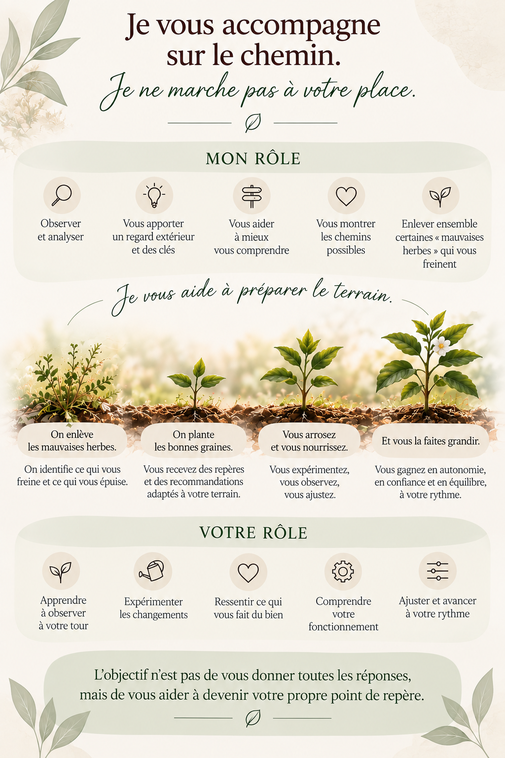 Je vous accompagne sur le chemin, je ne marche pas à votre place. Infographie présentant mon rôle, les étapes de la croissance et votre rôle dans l'accompagnement.