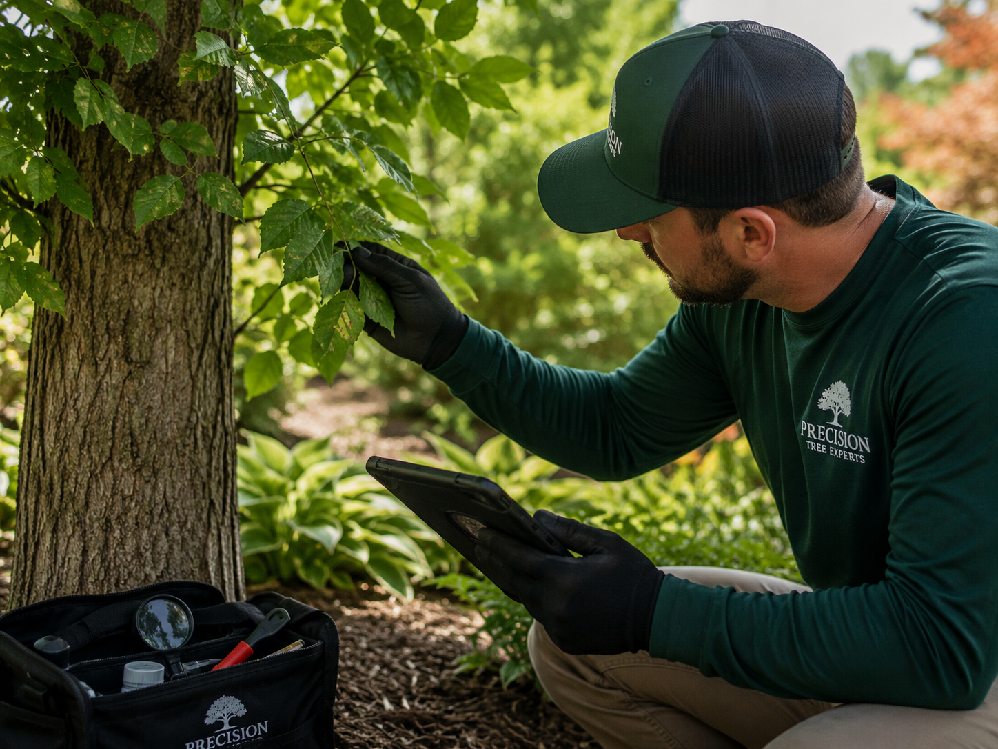 Arborist inspecting tree