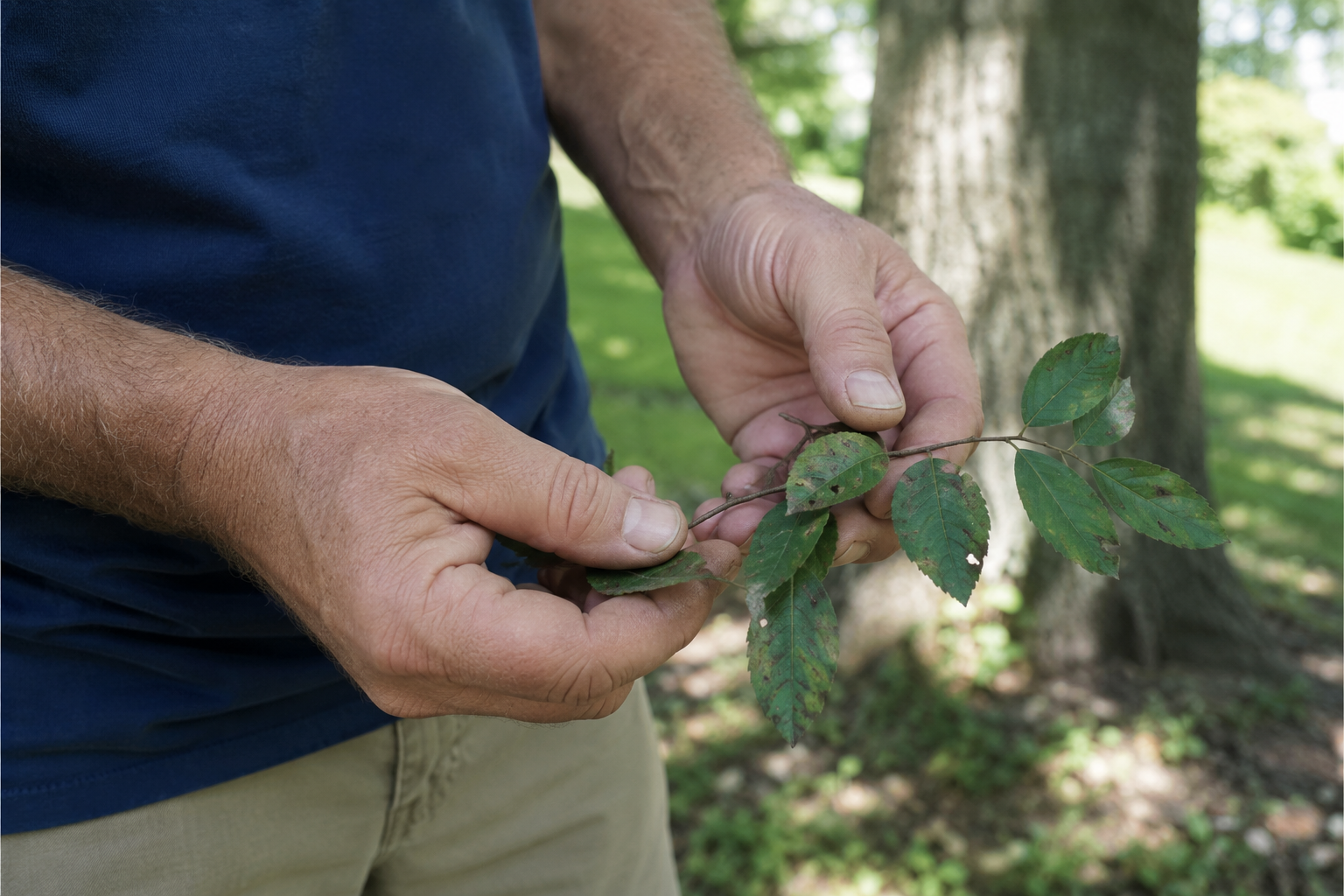 Arborist performing a tree risk assessment