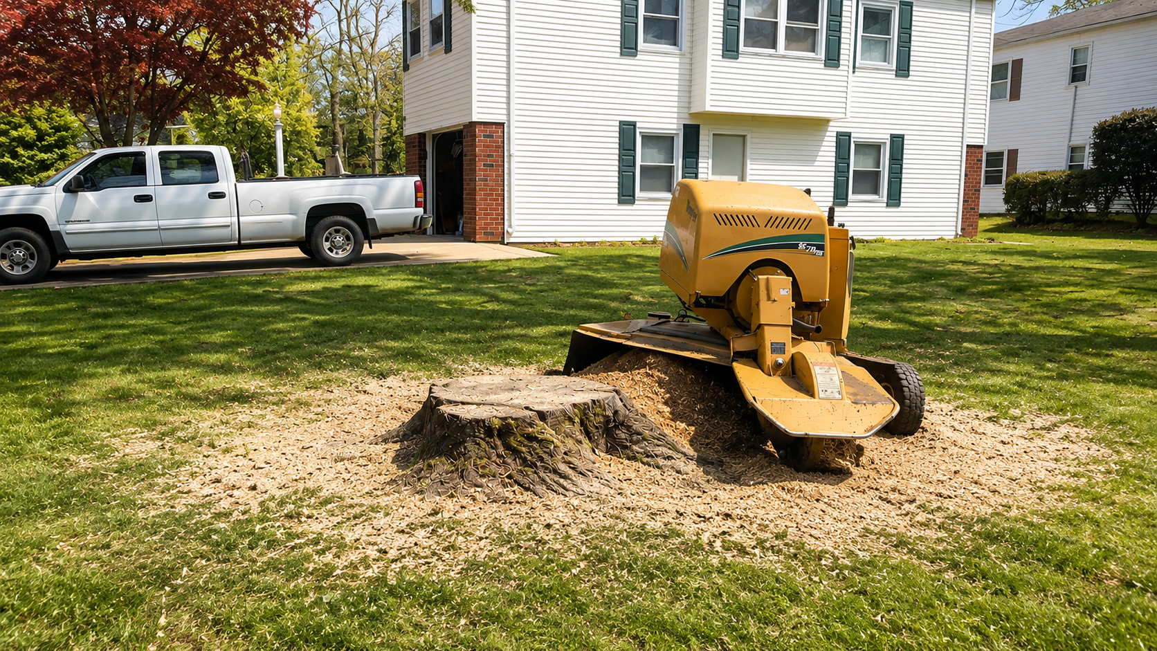 Professional stump grinding equipment in action