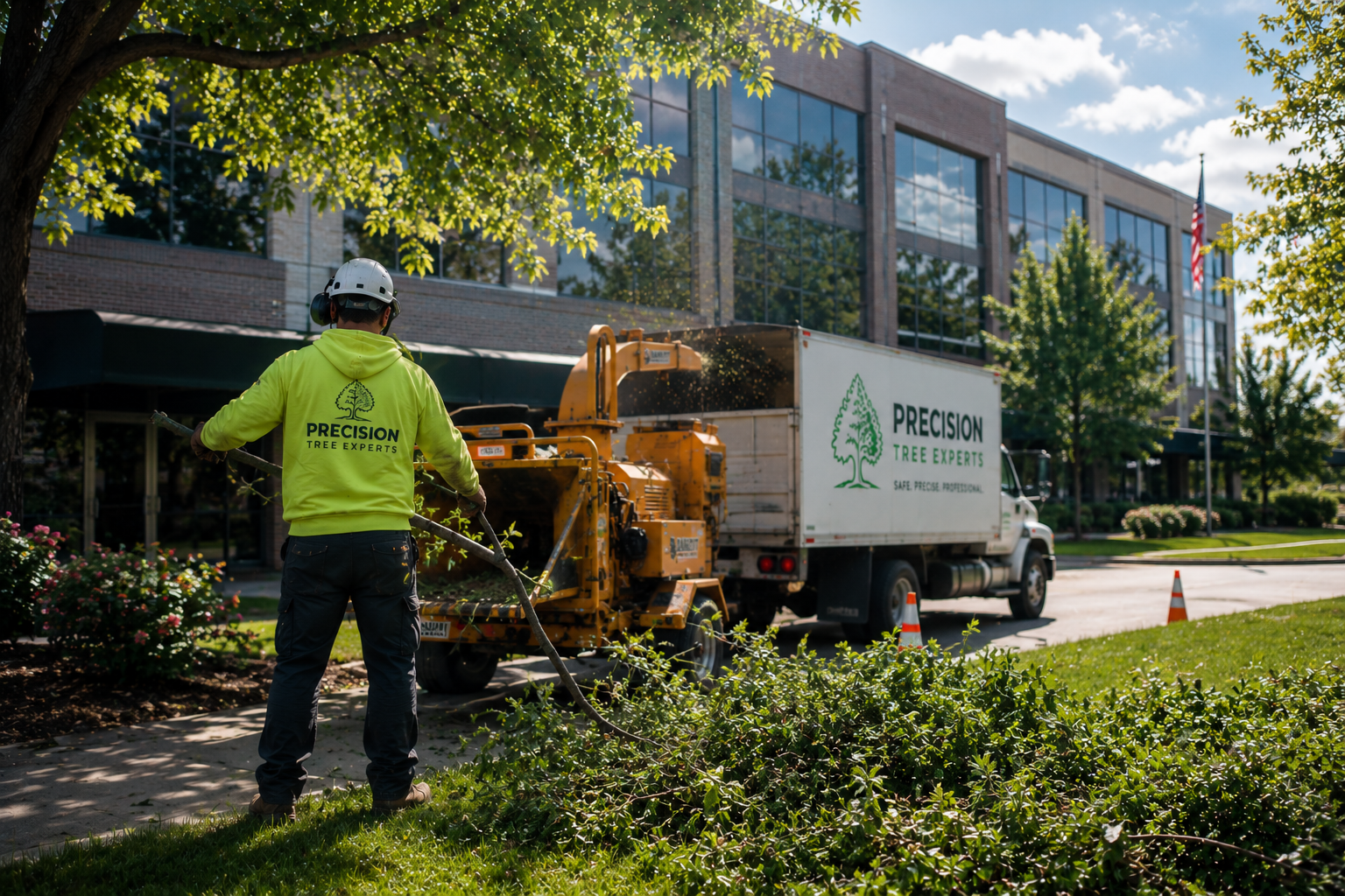 Precision Tree Experts crew working safely on a large tree removal