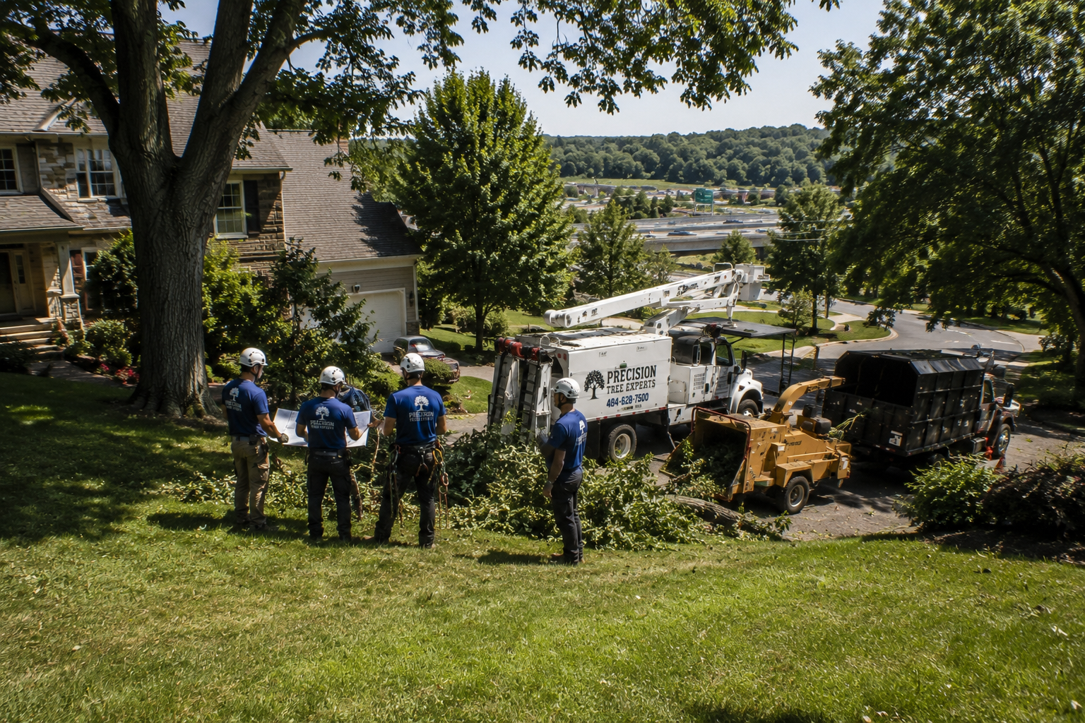 Tree care professionals looking at a healthy canopy