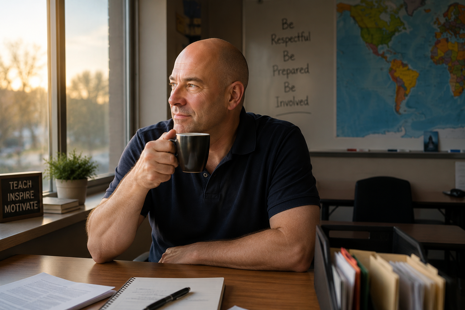 Rich O'Brien sitting in his classroom after work, drinking coffee and looking thoughtfully out the window