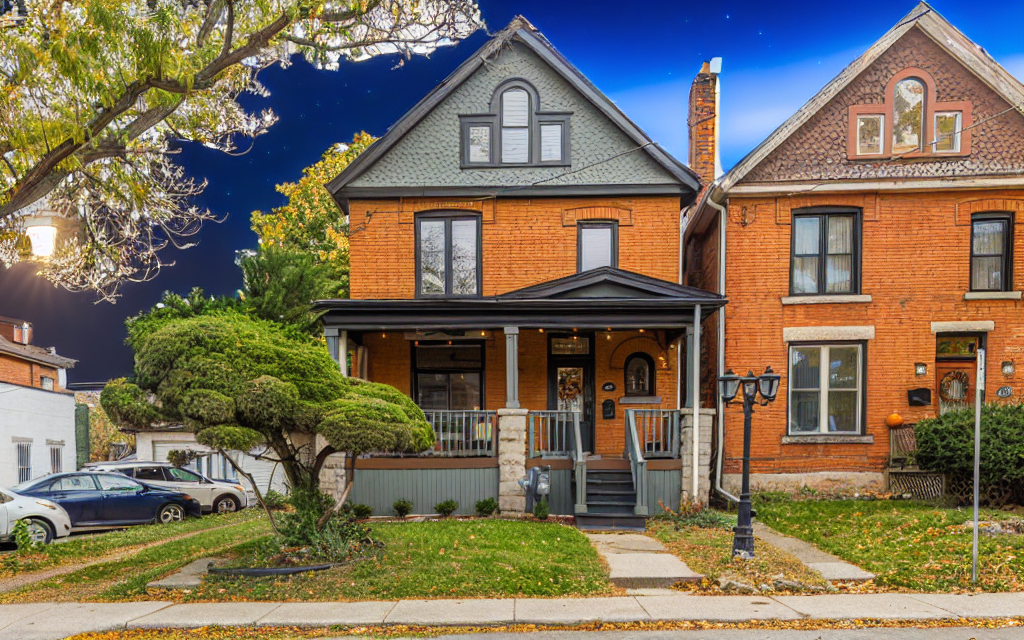 Same home exterior converted to twilight with dusk sky and warm window lighting