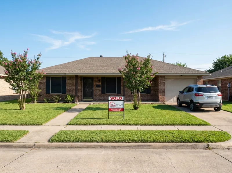 Suburban home exterior with sold sign in yard