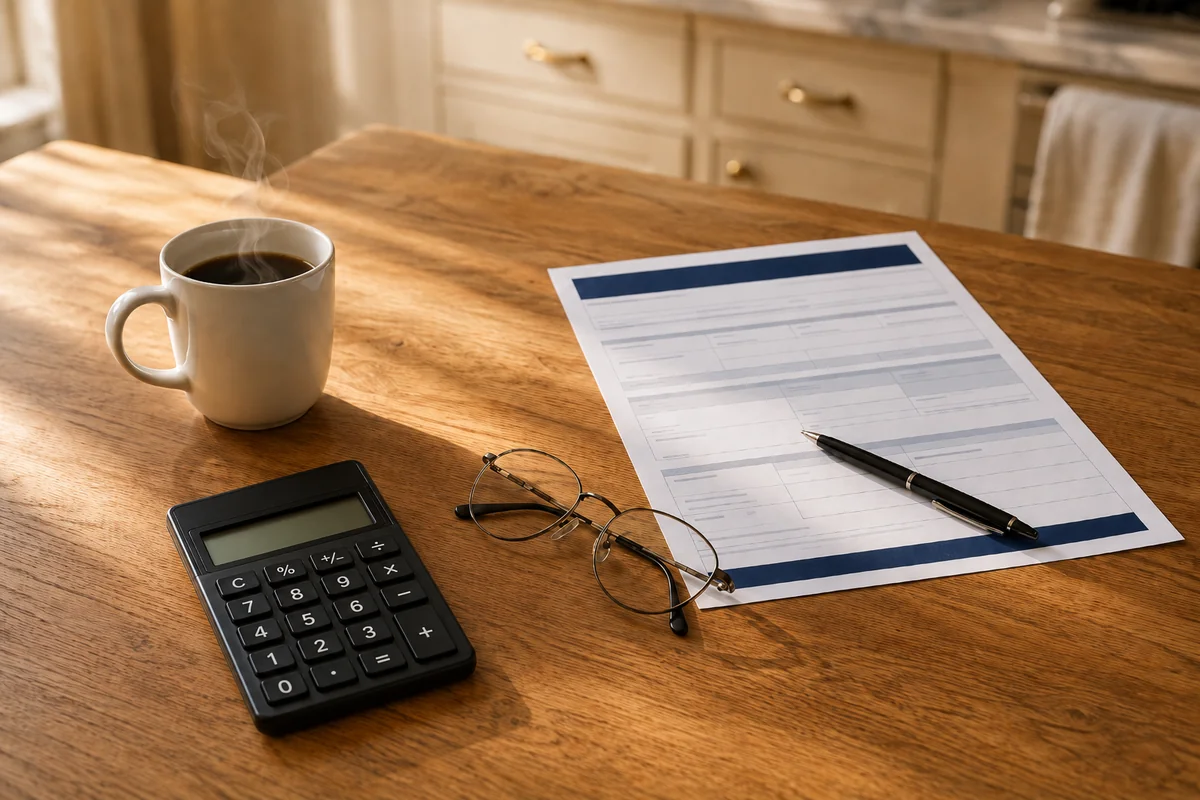 Property tax notice document on a wooden kitchen table with a calculator, coffee mug, reading glasses, and pen in warm afternoon light
