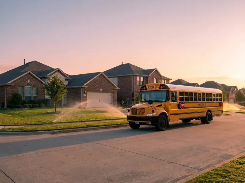 Suburban Mansfield Texas street with school bus