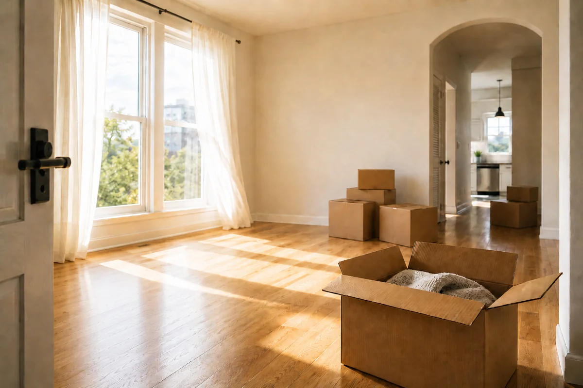 Empty sun-filled apartment living room on move-in day with cardboard boxes, an open door, and warm light streaming through tall windows onto honey-colored hardwood floors
