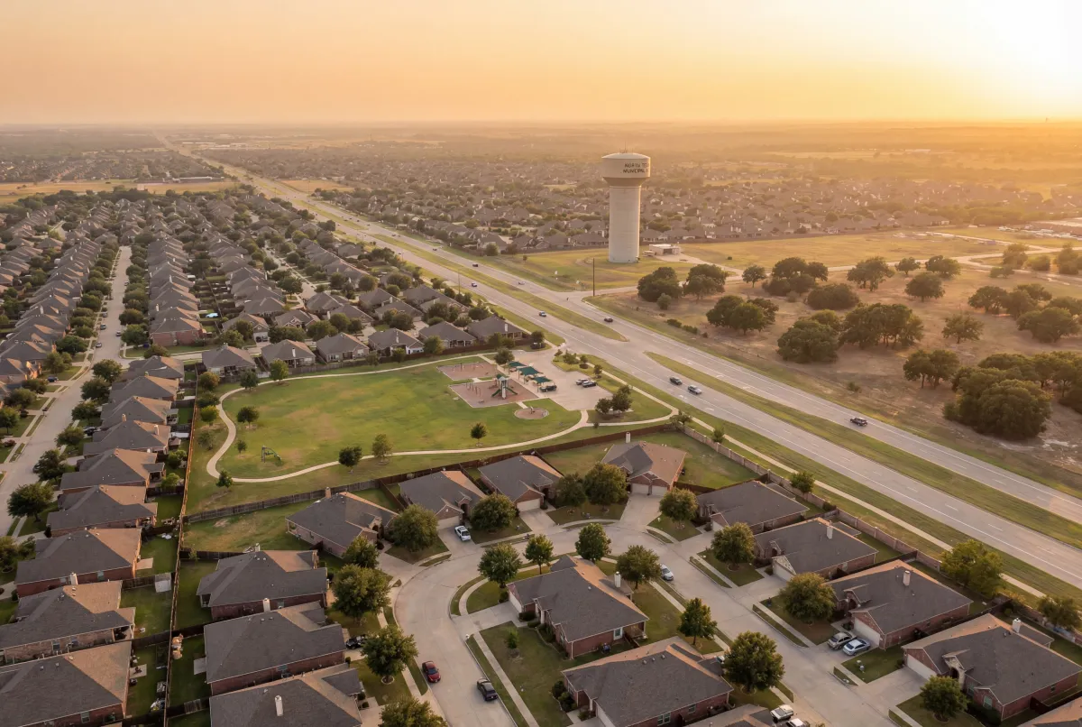 Aerial panoramic view of South DFW Texas suburbs