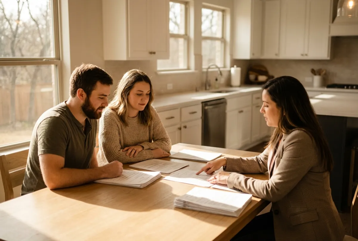 Couple sits at sunlit kitchen table reviewing mortgage paperwork with realtor pointing to documents