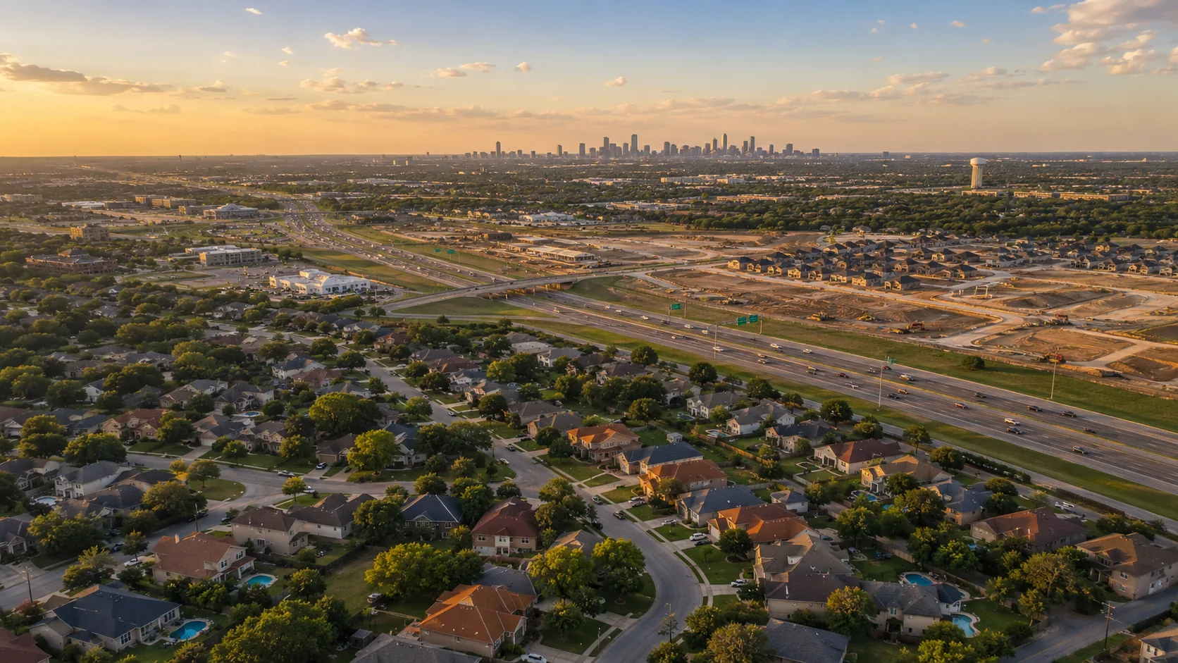 Aerial view of a South DFW suburban corridor at golden hour, with the Dallas-Fort Worth skyline on the horizon, new-build neighborhoods on the right side of the highway, and mature single-family neighborhoods in the foreground.