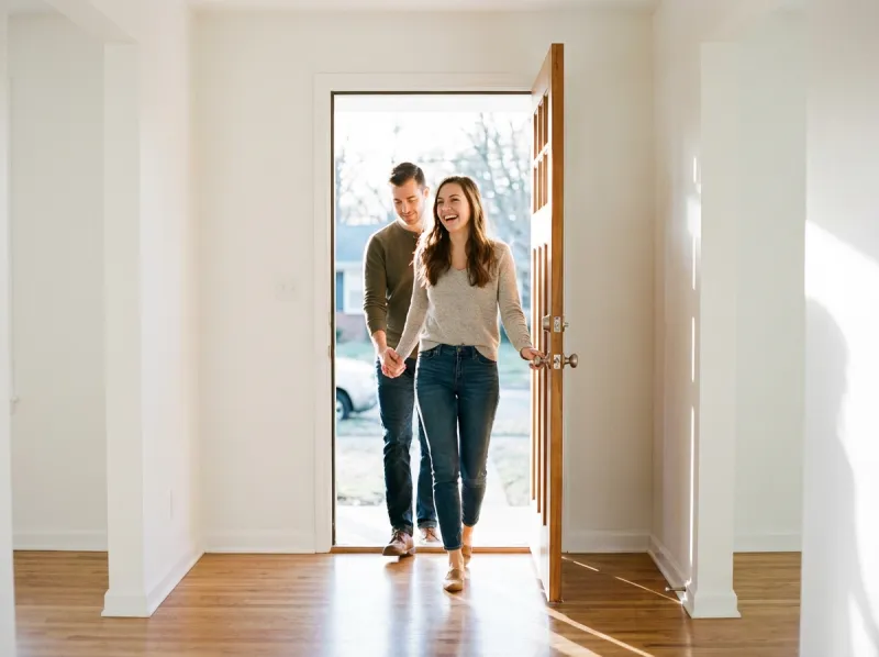First-time home buyers walking through front door of new home