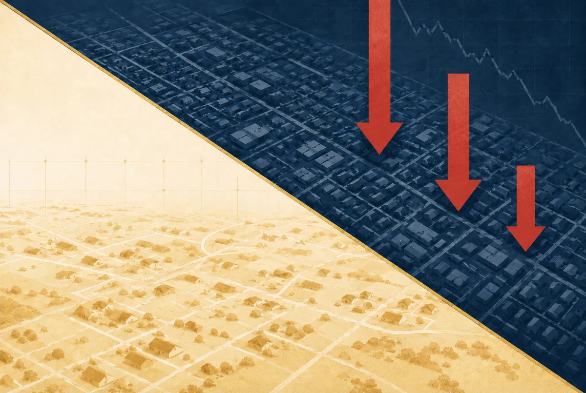 Editorial split-illustration of the DFW housing market: warm cream-toned spread-out suburbs on the South side (stable) versus dense navy-toned street grid on the North side with three large red downward arrows representing price declines