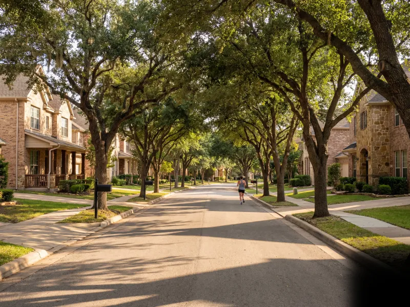 Tree-lined residential street in suburban Texas neighborhood