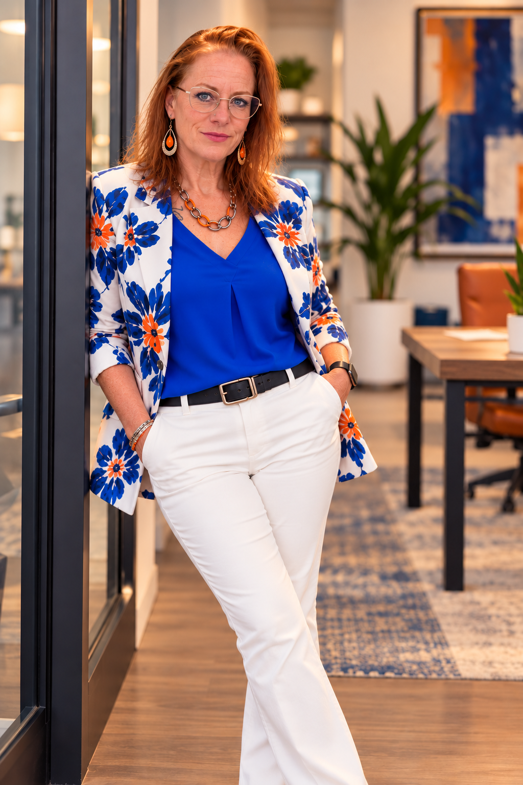 Demi Woodson, founder of Beyond 4/15 Tax Coaching, standing in a modern office wearing a blue and orange floral blazer.