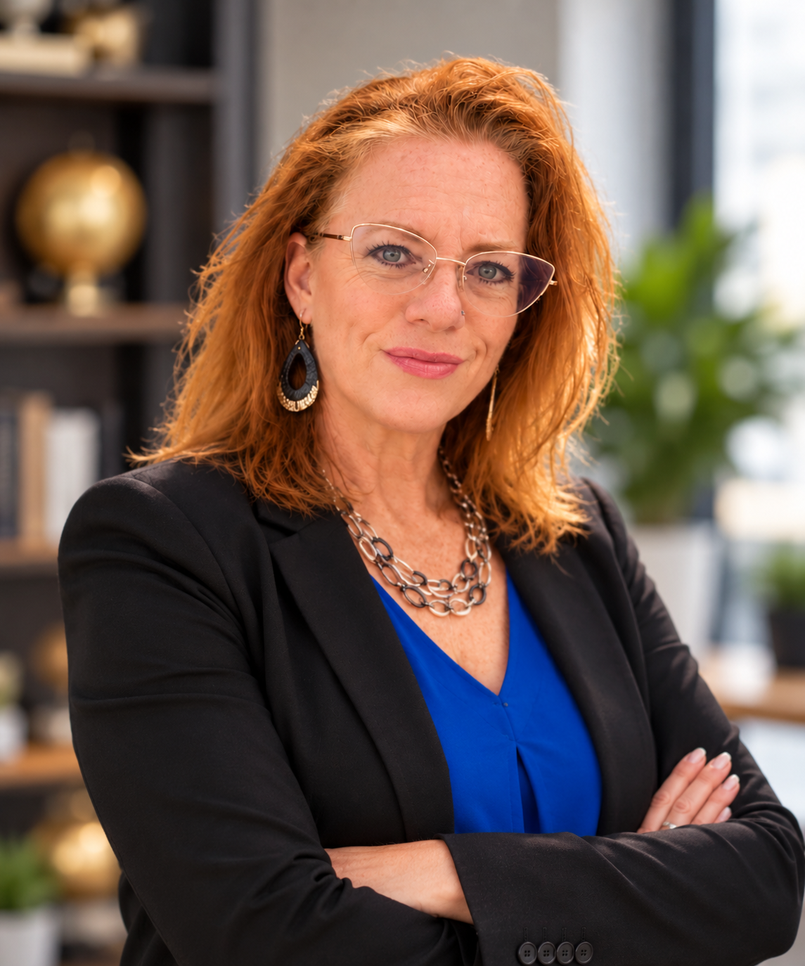 Demi Woodson in a black blazer and blue blouse