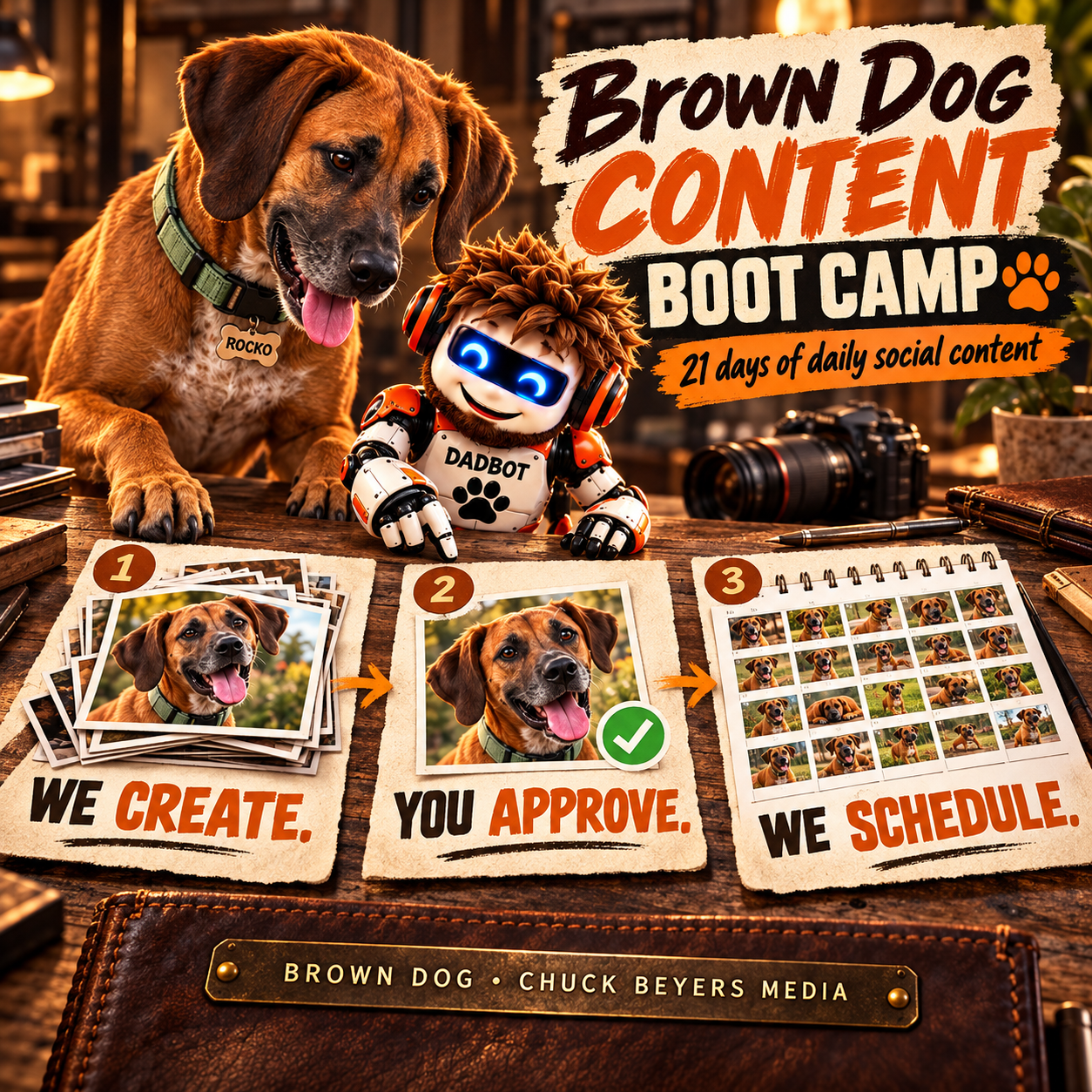 Brown Dog creates the content, you approve it, and we schedule it