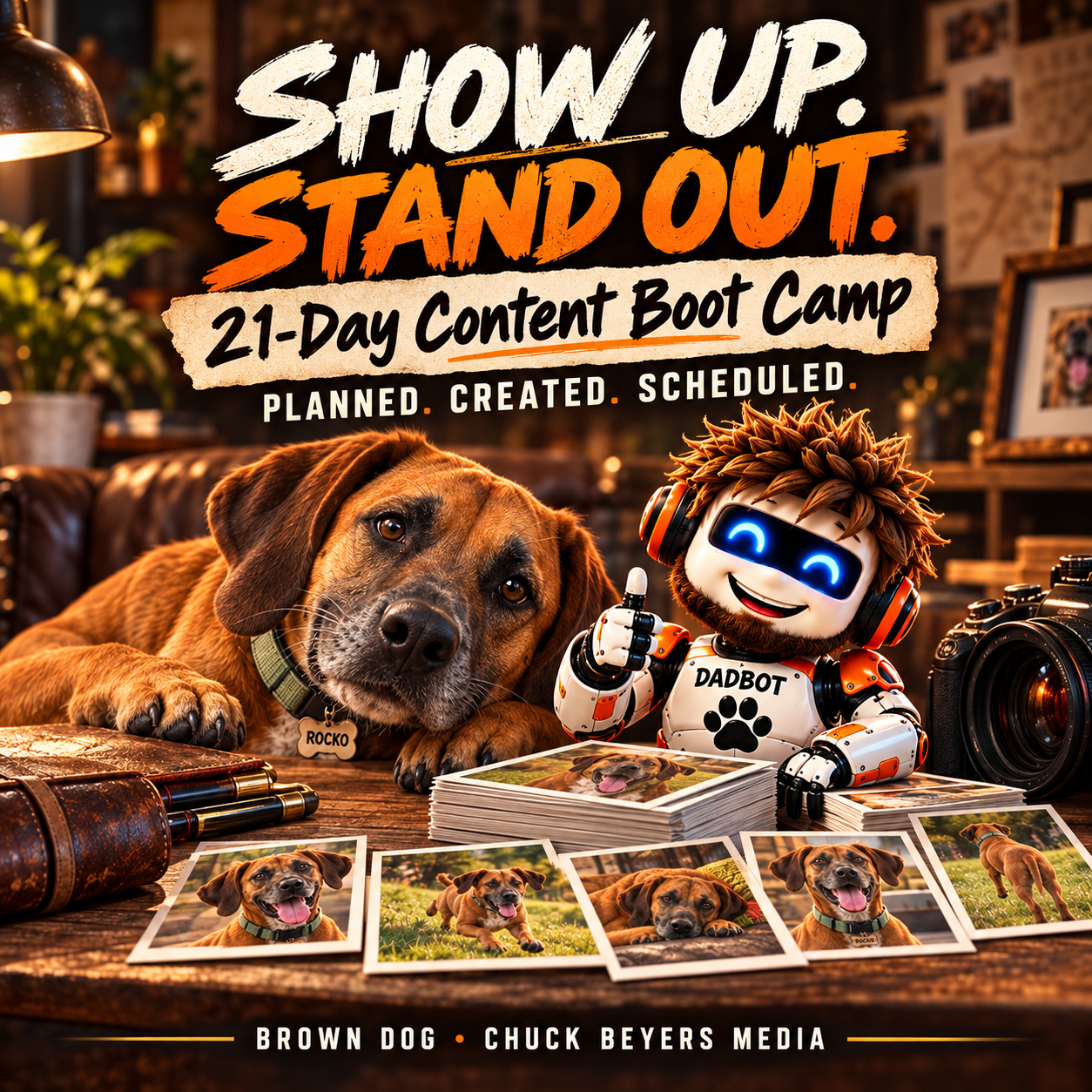 Rocko and DadBot introduce the Brown Dog 21-Day Content Boot Camp