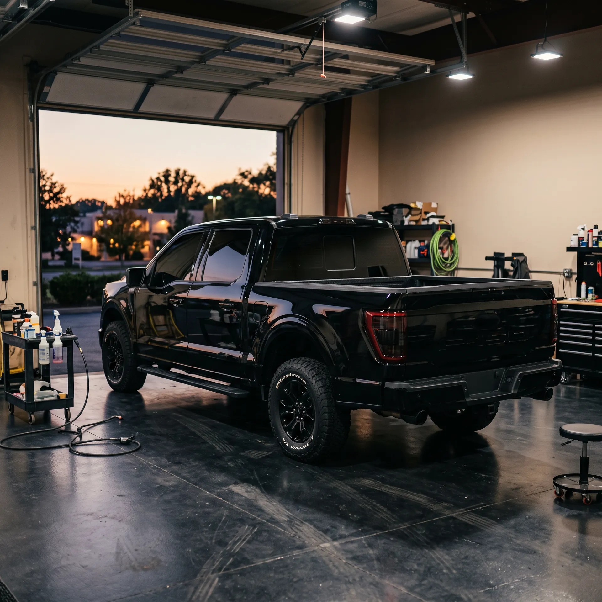 Illustration of a black pickup truck with tinted windows in a garage