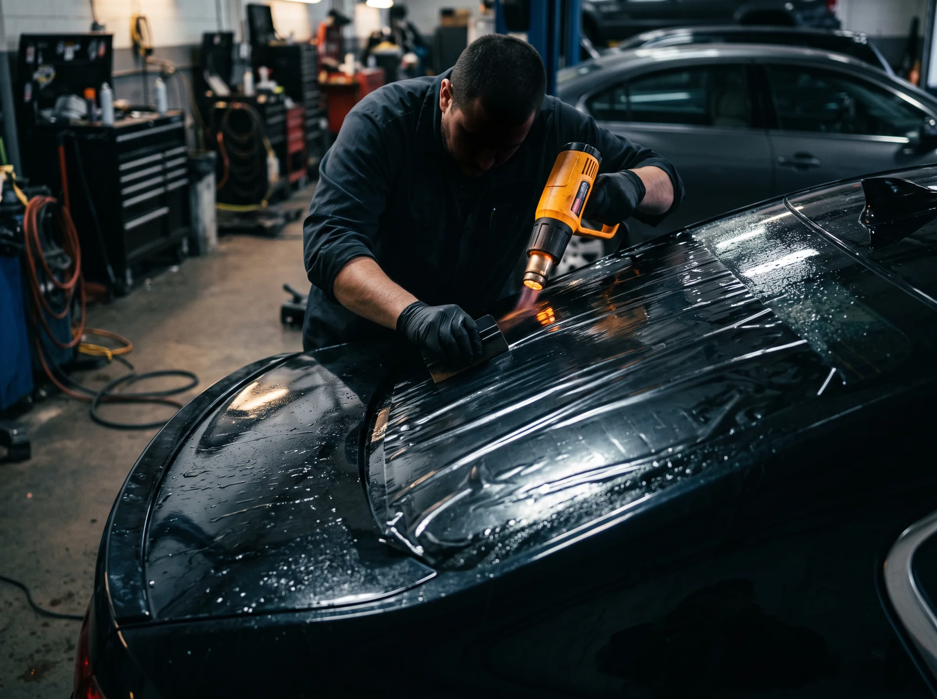 Illustration of a heat gun shaping film on a car rear window