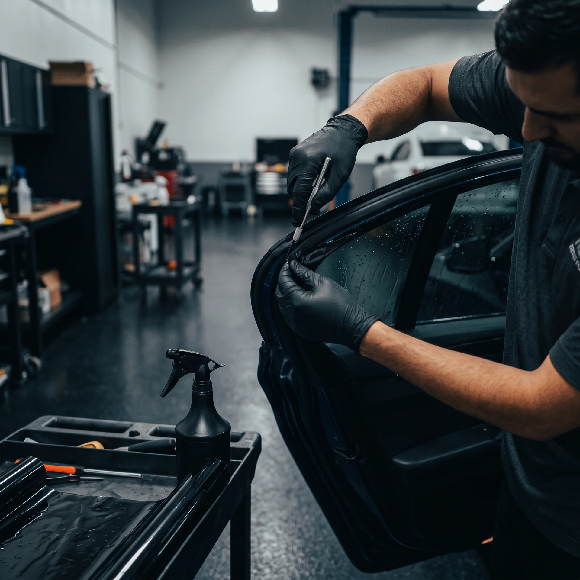 Illustration of window film being trimmed on a car door window