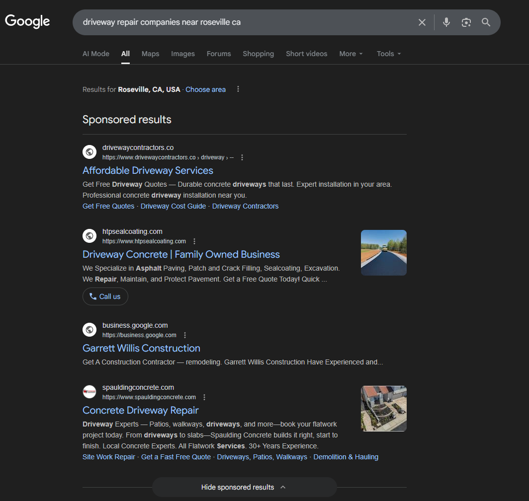 a screencapture showing discovery search for the query “driveway contractors in roseville ca" a screencapture showing discovery search for the query “driveway contractors in roseville ca"