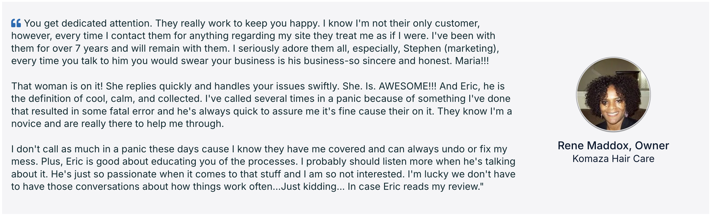 LOJO Client Testimonial - Rene Maddox, Komaza Hair Care