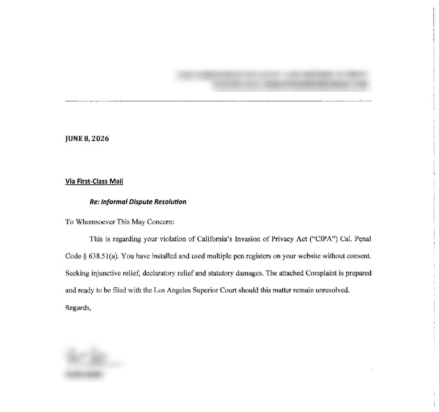 Demand letter citing the California Invasion of Privacy Act, with names and addresses blurred