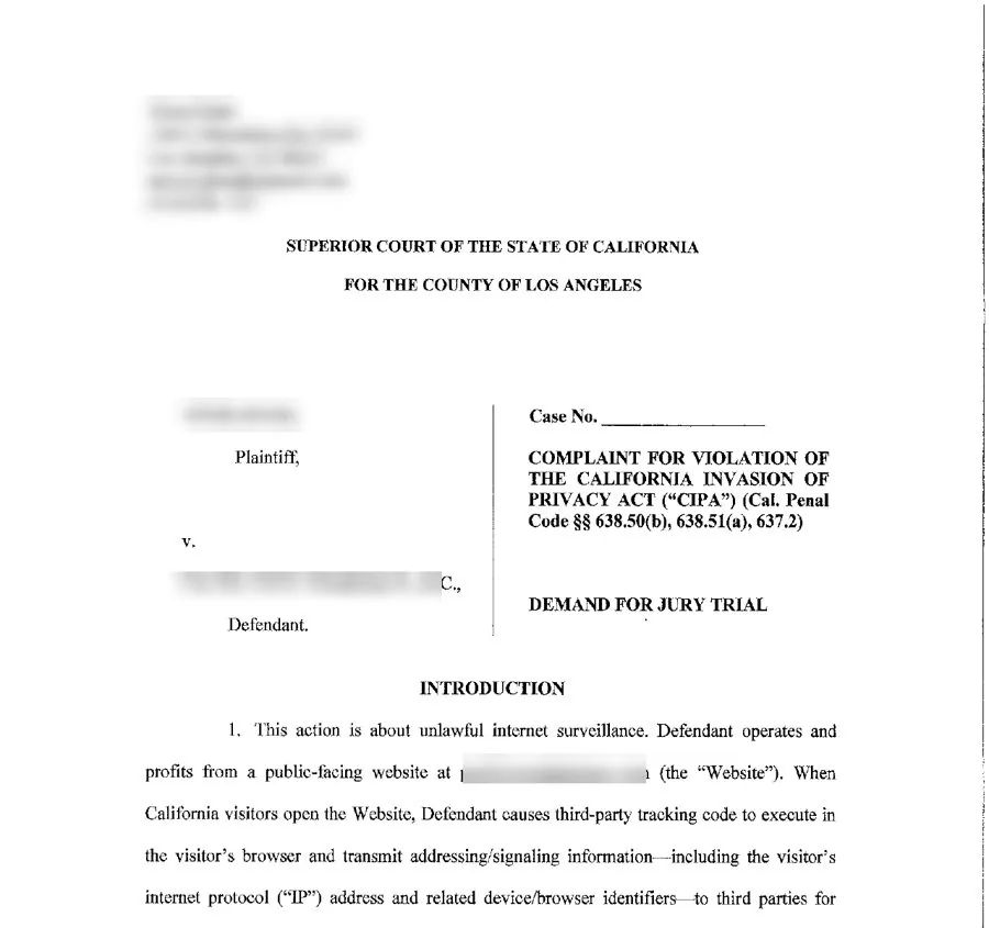 First page of the attached court complaint, with names blurred