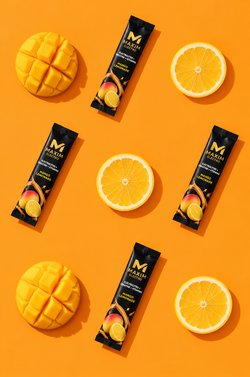 MAXIM ELECTRO Mango Lemonade stick packs with mango and lemon on an orange background