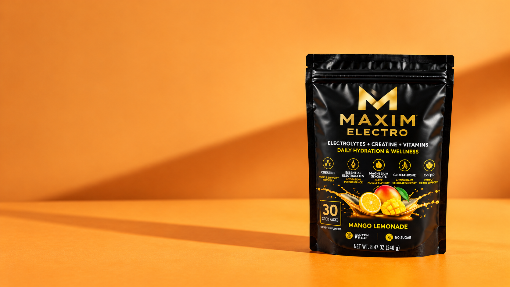 MAXIM ELECTRO Mango Lemonade package on an orange background