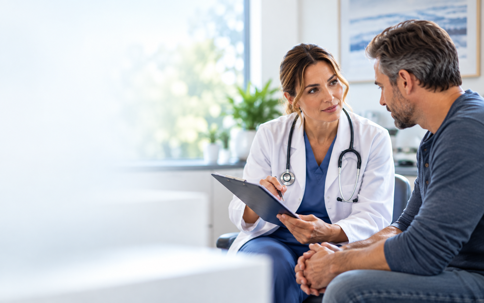 Clinician reviewing alcoholism treatment plan and follow-up care
