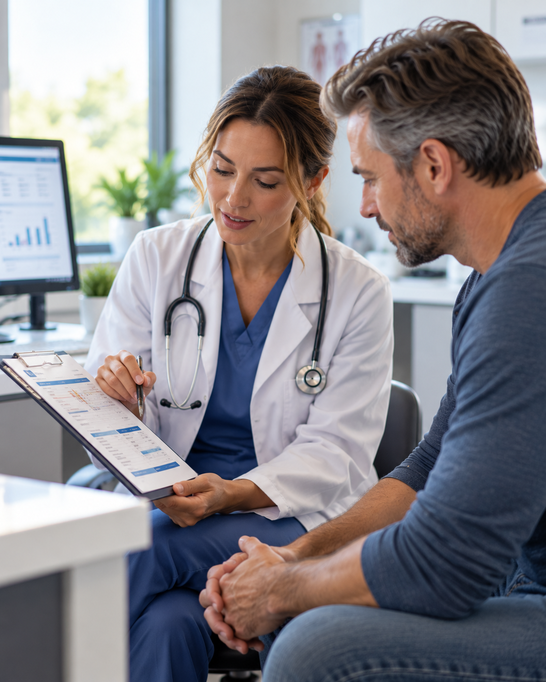 Clinician reviewing testosterone lab results with a patient