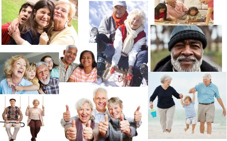 Collage of happy seniors enjoying retirement with family