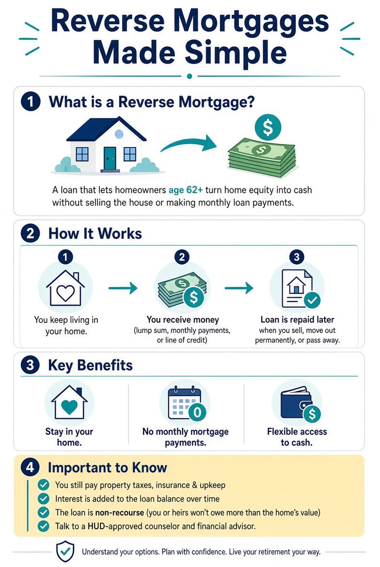 Infographic: Reverse Mortgages Made Simple. 1. What is a reverse mortgage: a loan that lets homeowners age 62+ turn home equity into cash without selling the house or making monthly loan payments. 2. How it works: you keep living in your home, you receive money as a lump sum, monthly payments, or line of credit, and the loan is repaid later when you sell, move out permanently, or pass away. 3. Key benefits: stay in your home, no monthly mortgage payments, flexible access to cash. 4. Important to know: you still pay property taxes, insurance and upkeep; interest is added to the loan balance over time; the loan is non-recourse; talk to a HUD-approved counselor and financial advisor.
