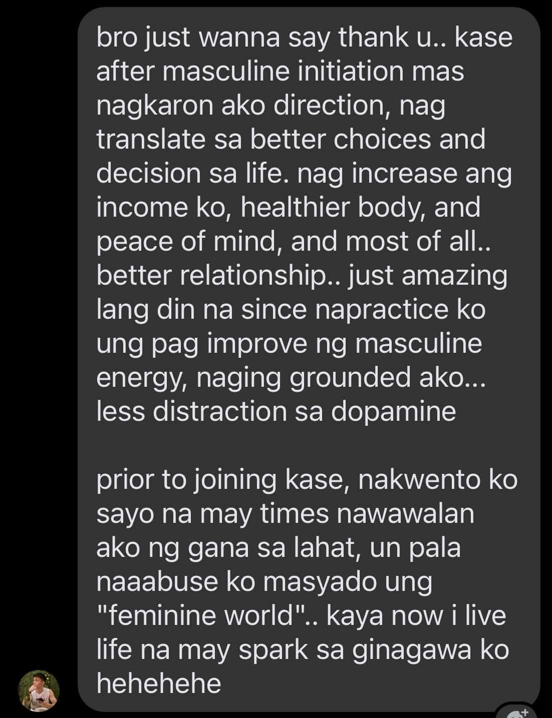 Participant message about direction, health, income, and relationships