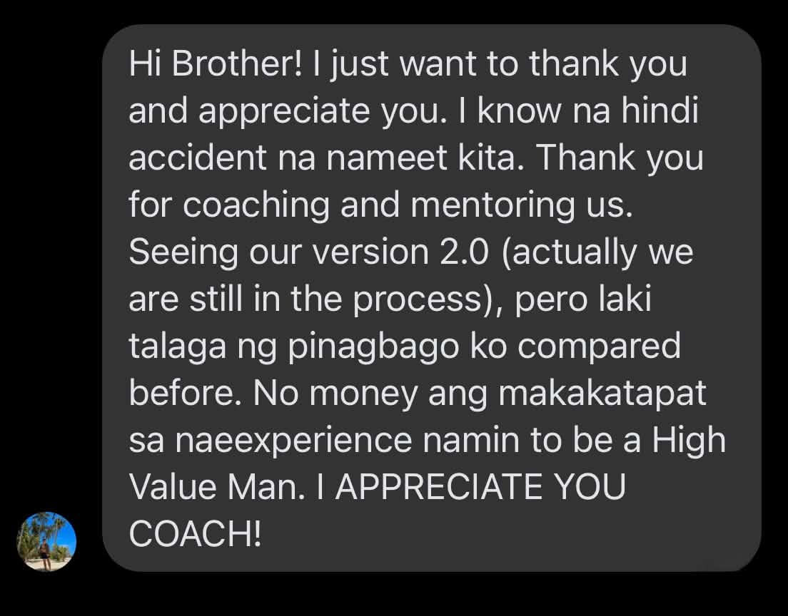 Participant message thanking Coach Rosales for personal growth and mentorship