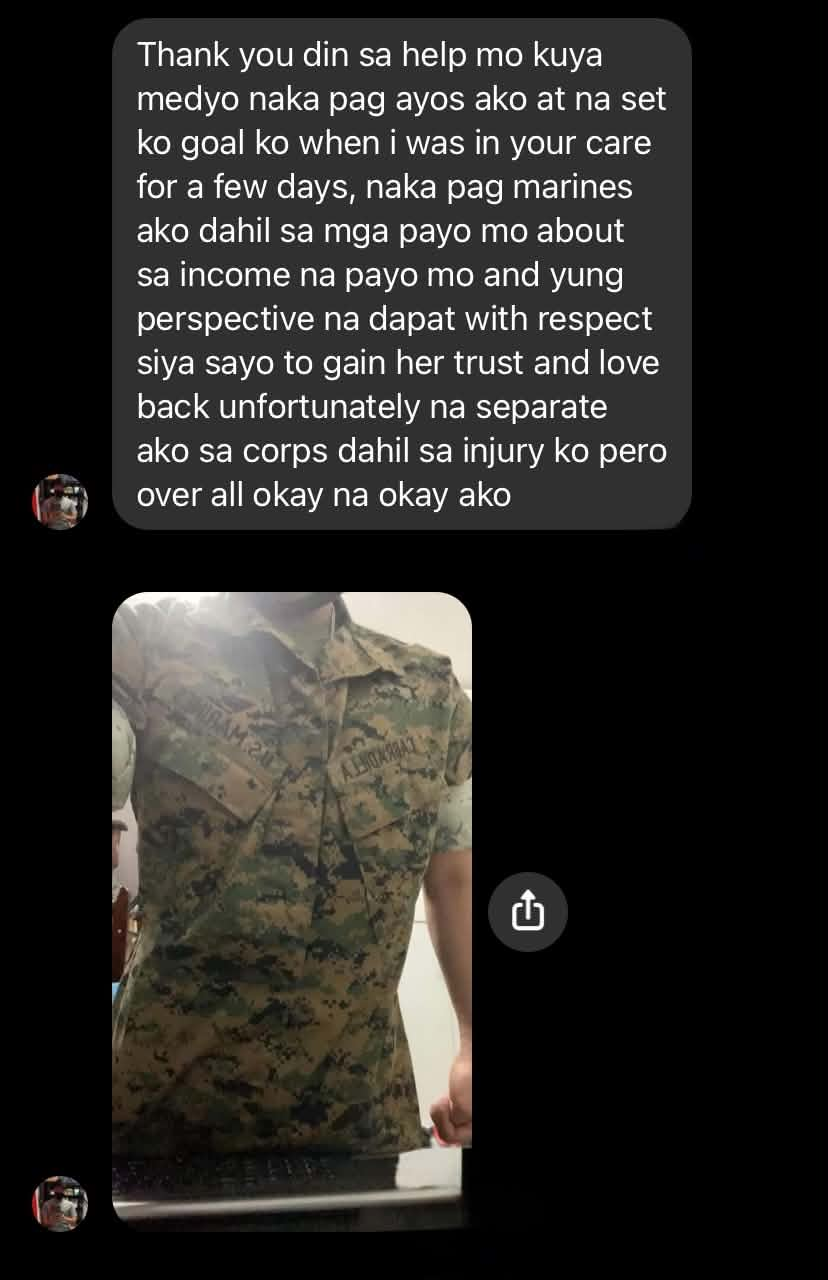 Participant message about setting goals and finding direction, with a military uniform photo