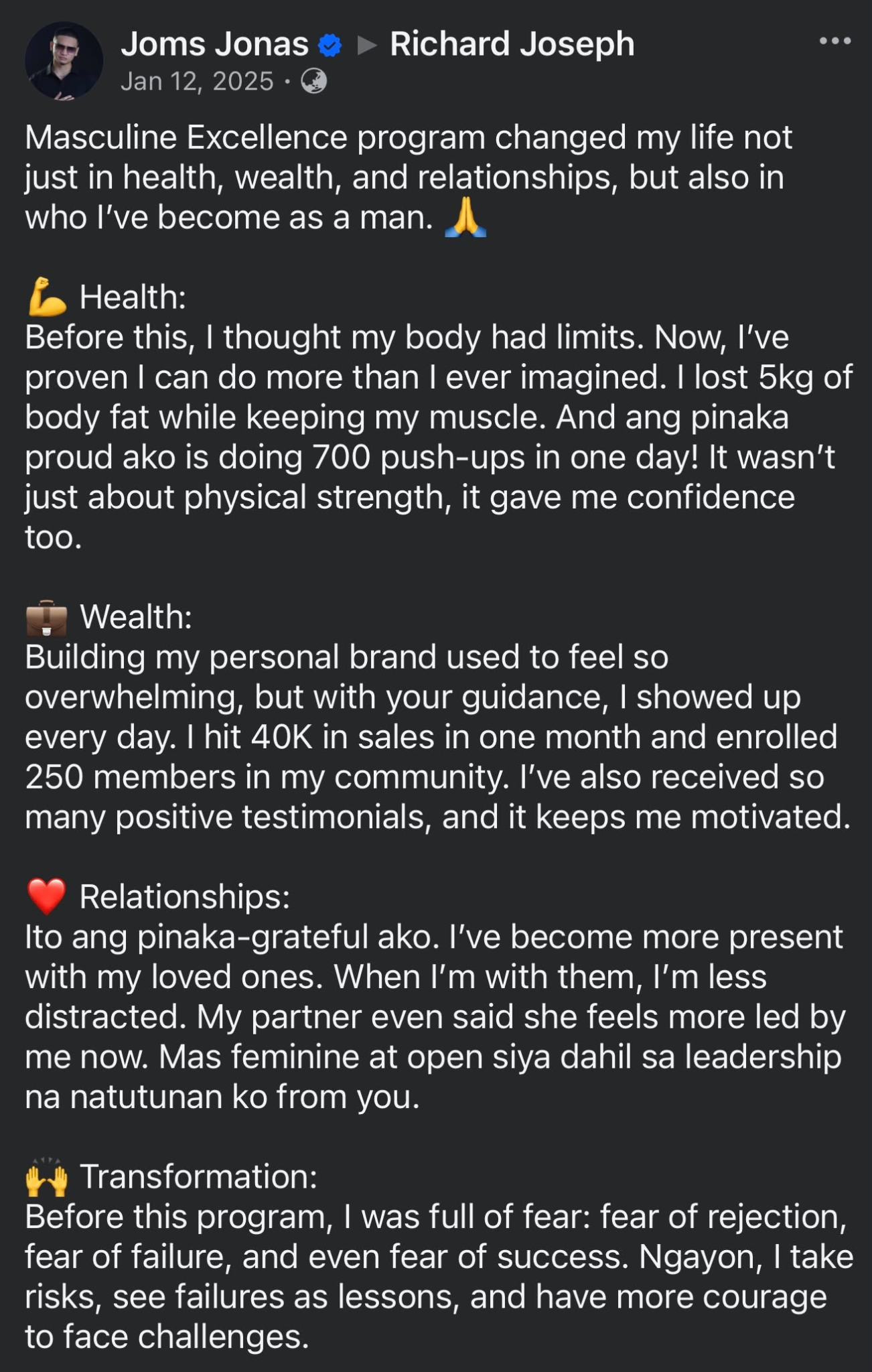 Joms Jonas’s January 12, 2025 testimonial describing body fat loss, greater confidence, and being more present with his loved ones