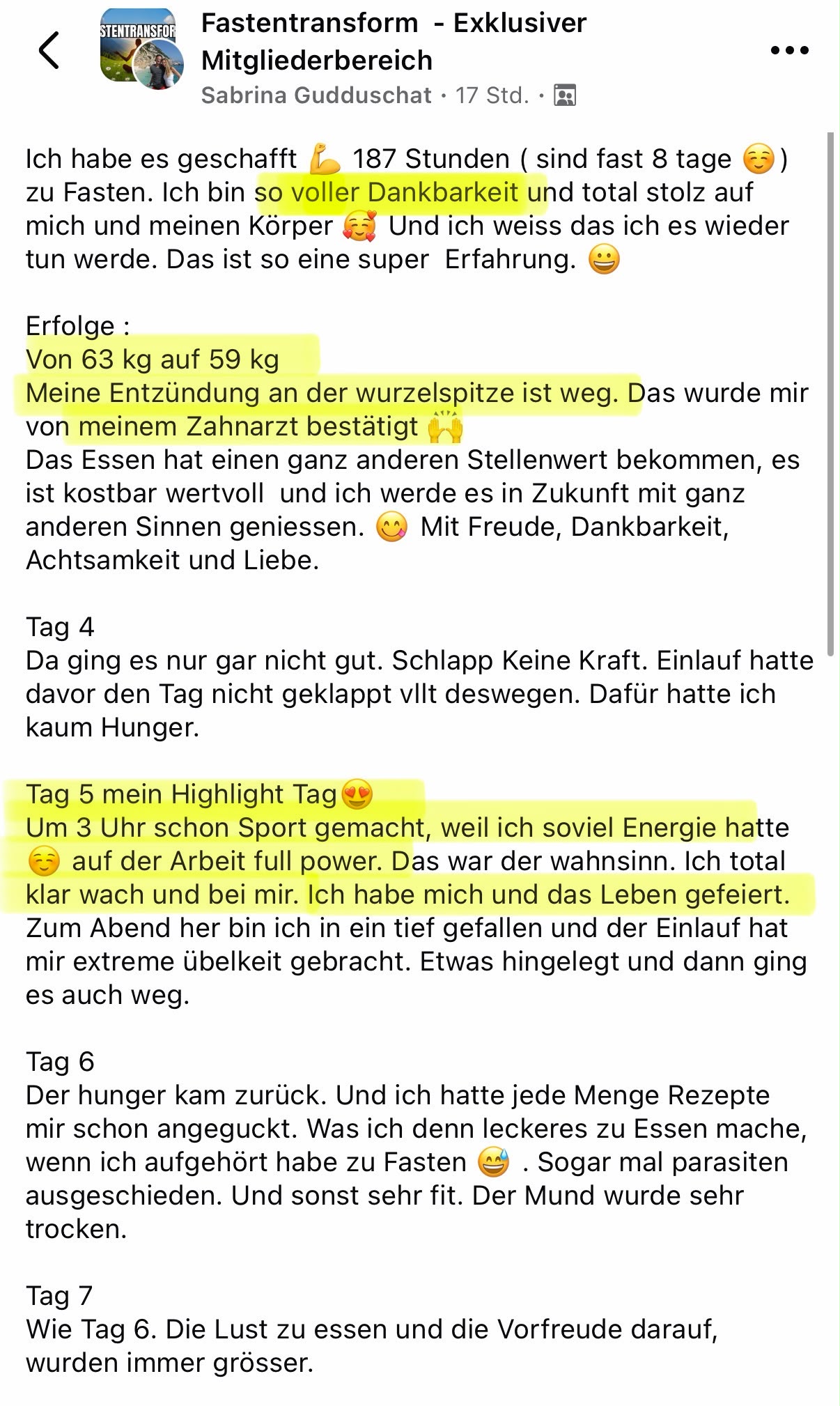 Energie kein Hunger 63 auf 59 kg